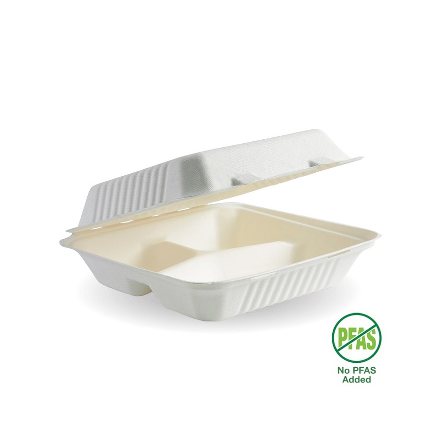 Snack Box - 3 Compartment Sugarcane 23x23x9cm/9x9x3" Bio 100/2